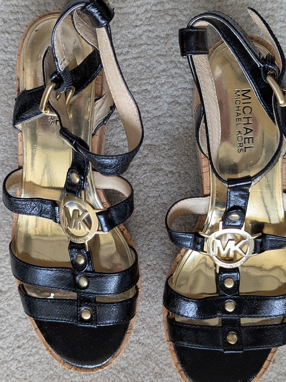 Michael Kors Black Leather MK Logo Cork Wedge Sandals